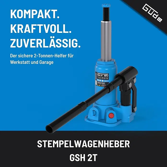 Güde Hydraulischer Flaschenwagenheber GSH 2T - Hubhöhe: 150 mm - 260 mm - Blauer hydraulischer Stempelwagenheber (GSH 2T) mit schwarzem Griff, ein kompakter und starker 2-Tonnen-Helfer für Werkstatt und Garage.