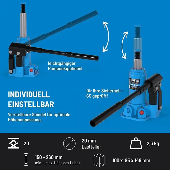 Güde Hydraulischer Flaschenwagenheber GSH 2T - Hubhöhe: 150 mm - 260 mm - Blauer hydraulischer Wagenheber mit schwarzem Pumphebel und verstellbarer Spindel zum Heben.