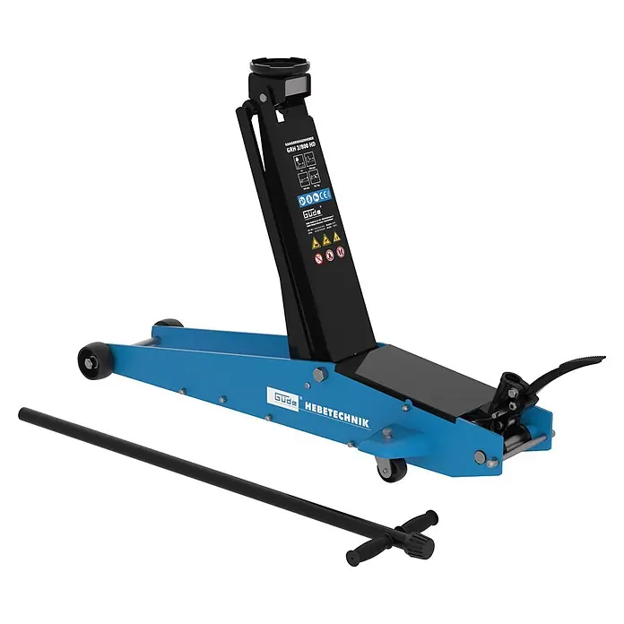 Güde Hydraulischer Rangierwagenheber GRH 2/800HD - Hubhöhe: 145 mm - 800 mm - Blauer und schwarzer hydraulischer Rangierwagenheber mit langem Hebel zur Fahrzeugwartung.