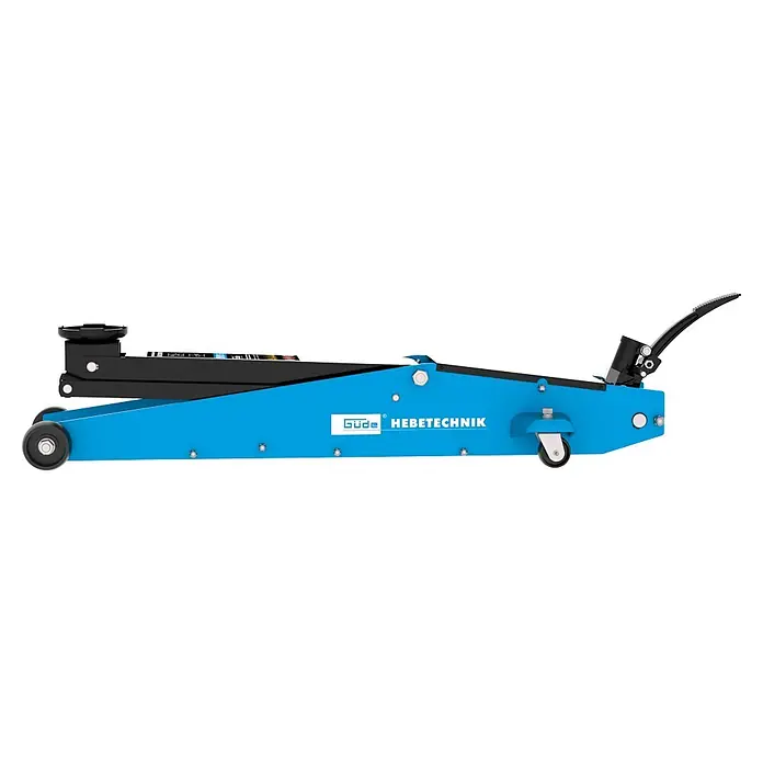 Güde Hydraulischer Rangierwagenheber GRH 2/800HD - Hubhöhe: 145 mm - 800 mm - Blauer und schwarzer hydraulischer Wagenheber mit Rollen, seitlich. Beschriftung: 'Güde HEBETECHNIK'.