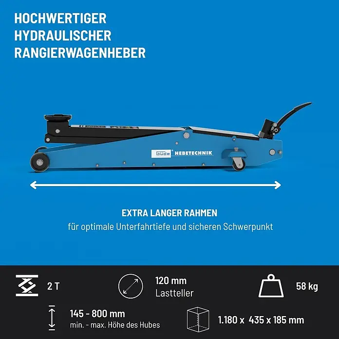 Güde Hydraulischer Rangierwagenheber GRH 2/800HD - Hubhöhe: 145 mm - 800 mm - Blauer hydraulischer Rangierwagenheber mit extra langem Rahmen, für optimale Unterfahrtiefe und sicheres Heben bis 2 Tonnen.