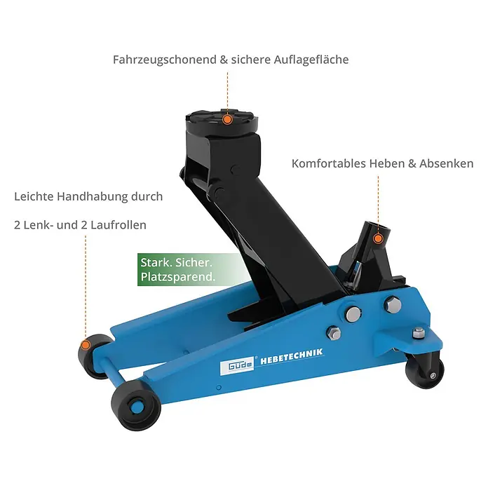 Güde Hydraulischer Rangierwagenheber GRH 3/470 - Hubhöhe: 130 mm - 465 mm - Blauer und schwarzer hydraulischer Rangierwagenheber mit vier Rollen zum Anheben von Fahrzeugen.