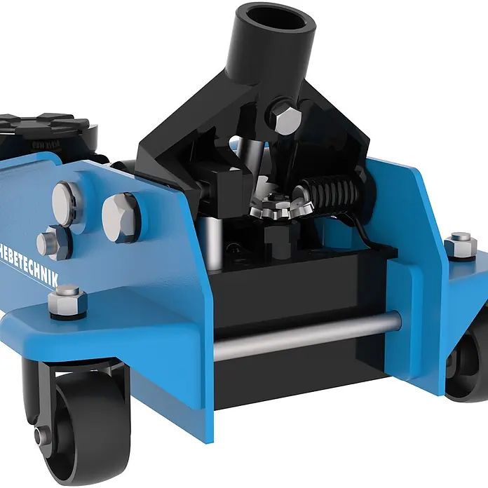 Güde Hydraulischer Rangierwagenheber GRH 3/470 - Hubhöhe: 130 mm - 465 mm - Nahaufnahme eines blauen und schwarzen hydraulischen Wagenhebers mit Hebemechanismus und Rädern.