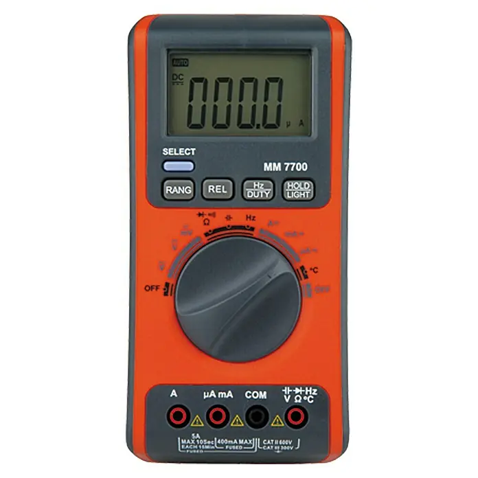Profi Depot Digital-Multimeter MM 7700 - Messbereich Wechselspannung: 0,1 V - 300 V - Ein orangefarbenes, digitales Multimeter der Marke MM 7700 mit einem Drehknopf zur Einstellung verschiedener Messmodi.