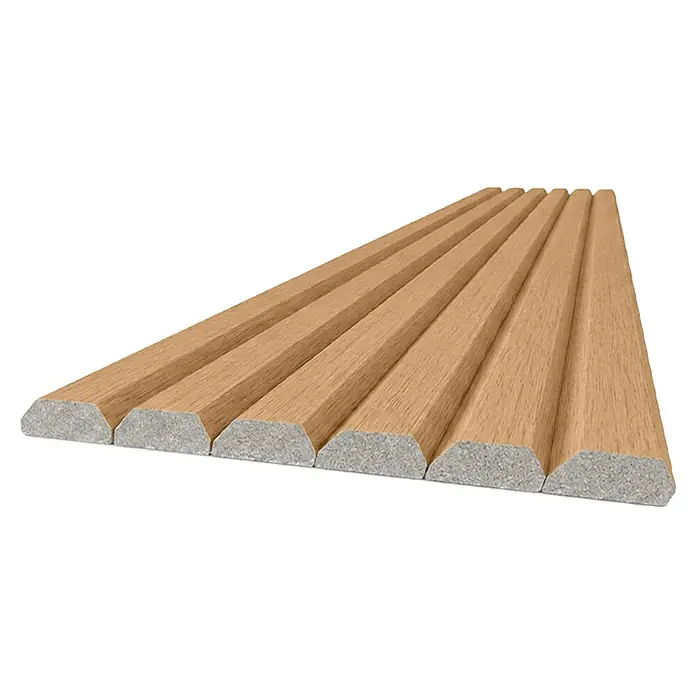 Dioco Panel de pared Flexible Nexus - Marrón, 260 cm x 29 cm x 12 mm, 2 ud. - Paneles de pared acanalados de madera clara con veta, mostrando el núcleo fibroso gris en los extremos cortados.