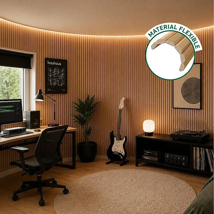 Dioco Panel de pared Flexible Nexus - Marrón, 260 cm x 29 cm x 12 mm, 2 ud. - Panelado de pared flexible de lamas de madera en una pared curva, primer plano muestra la flexibilidad del material.