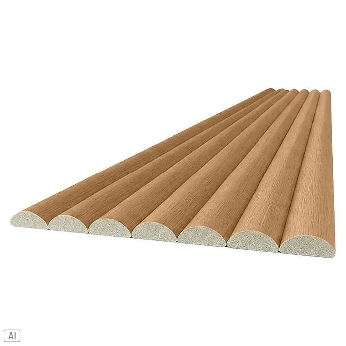 Dioco Panel de pared Flexible Aura - Marrón, 260 cm x 30 cm x 11,5 mm, 2 ud. - Molduras semicirculares de madera marrón claro, mostrando sus secciones transversales.