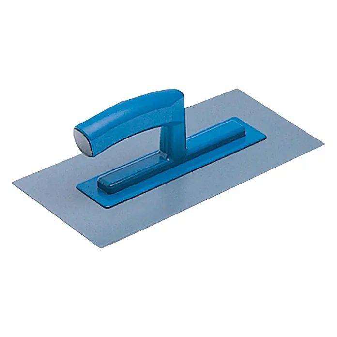Heka Llana - 140 x 280 mm, Plástico - Primer plano de una llana de albañil con mango azul y hoja gris, ideal para alisar el yeso.
