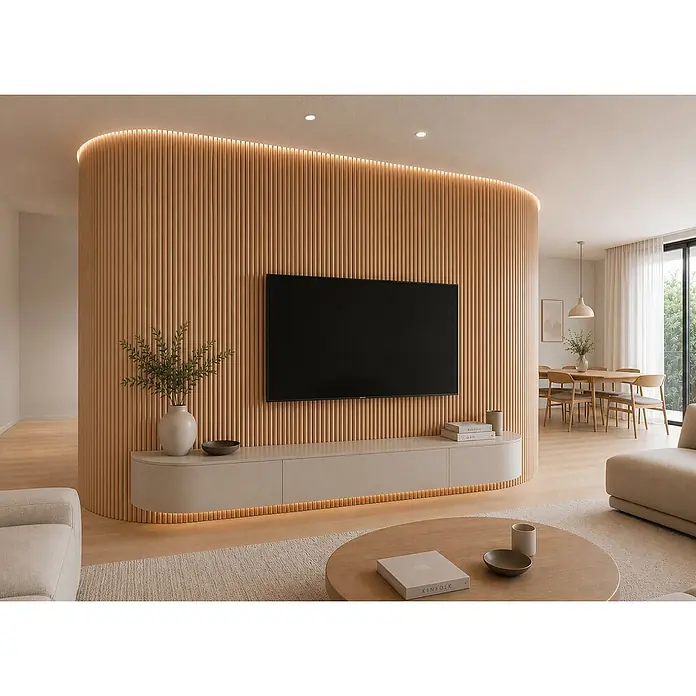 Dioco Panel de pared Flexible Aura - Marrón, 260 cm x 30 cm x 11,5 mm, 2 ud. - Pared curva de listones de madera con TV integrada y consola multimedia iluminada en un salón moderno.