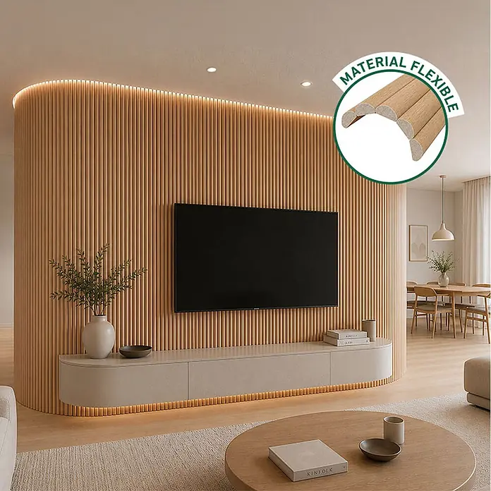 Dioco Panel de pared Flexible Aura - Marrón, 260 cm x 30 cm x 11,5 mm, 2 ud. - Panelado flexible de lamas de madera natural forma una pared de acento curvada en un salón moderno.