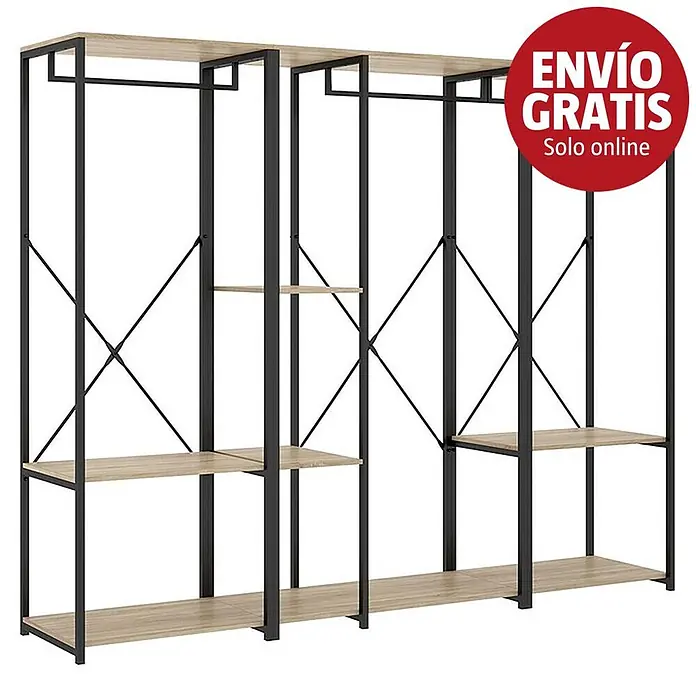 Dekit Armario para ropa Trok - L x An x Al: 40,4 x 210 x 167 cm, Negro/Roble, Melamina - Armario abierto con estructura de metal negro, múltiples estantes de madera clara y barras colgadoras.