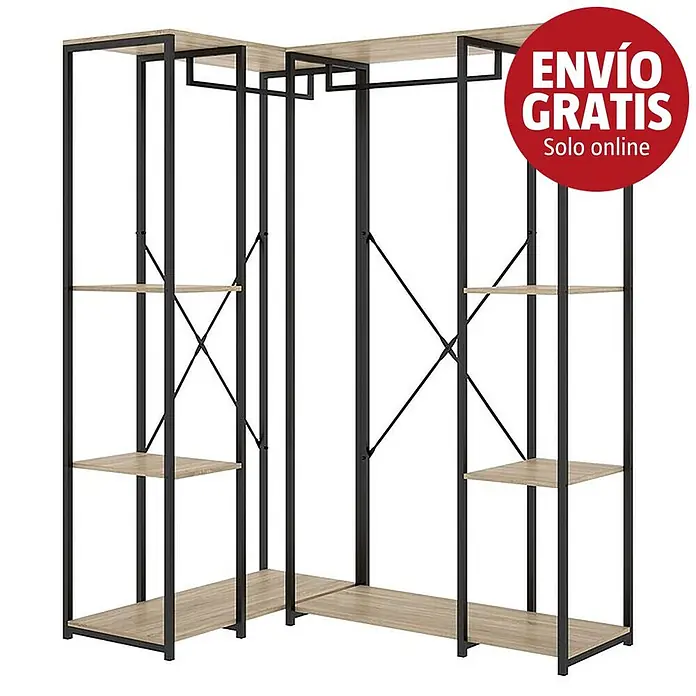 Dekit Armario para ropa Trok - L x An x Al: 130,4 x 90 x 167 cm, Negro/Roble, Acero/Melamina - Organizador de armario esquinero con estructura de metal negro y estantes y barras de madera clara.