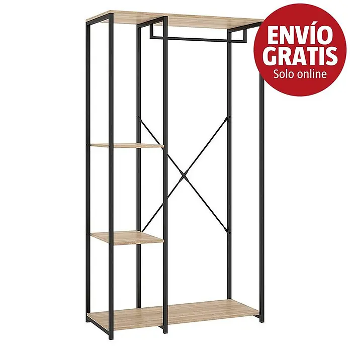 Dekit Armario para ropa Trok - L x An x Al: 40,4 x 90 x 167 cm, Negro/Roble, Acero/Melamina - Armario abierto de metal negro y madera clara con estantes y barra de colgar.