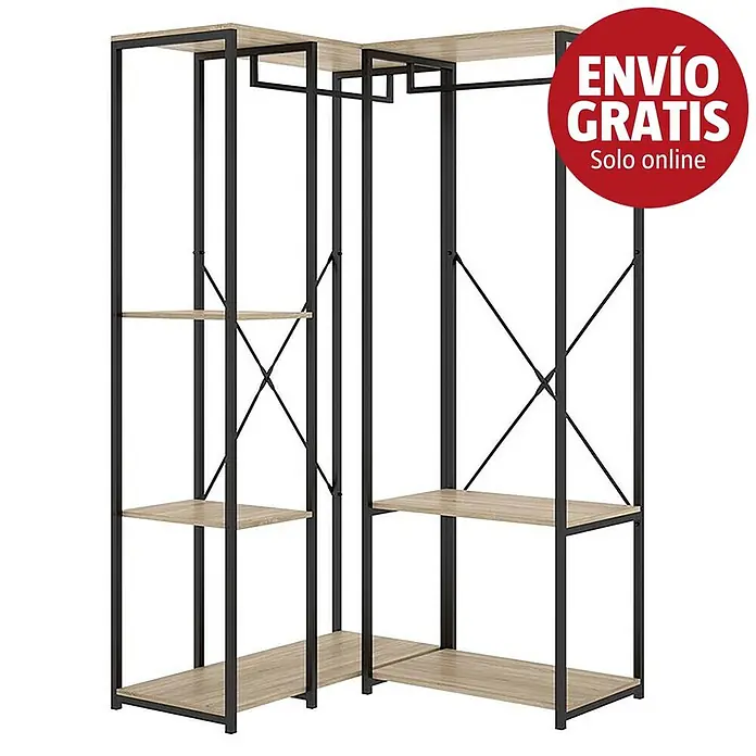Dekit Armario para ropa Trok - L x An x Al: 100,4 x 90 x 167 cm, Negro/Roble, Acero/Melamina - Armario esquinero abierto en forma de L con estructura de metal negro, estantes de madera clara y sello "ENVÍO GRATIS Solo online".