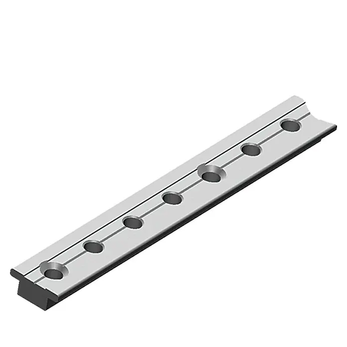 Sprenger Genuaschiene - 20 x 3 mm, Länge: 50 cm, Aluminium, Eloxiert - Abbildung einer T-Nut-Schiene aus Metall mit regelmäßigen Löchern. Eine robuste Befestigungslösung für verschiedenste Anwendungen.