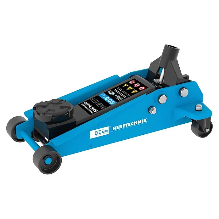 Güde Hydraulischer Rangierwagenheber GRH 3/470 - Hubhöhe: 130 mm - 465 mm - Blauer und schwarzer Rangierwagenheber mit Rollen und sichtbarem Hebesystem. Produktetiketten mit Warnhinweisen und Marke sind sichtbar.