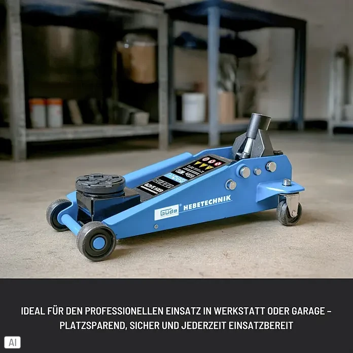 Güde Hydraulischer Rangierwagenheber GRH 3/470 - Hubhöhe: 130 mm - 465 mm - Blauer hydraulischer Wagenheber auf Betonboden in einer Werkstatt, bereit für den professionellen Einsatz.