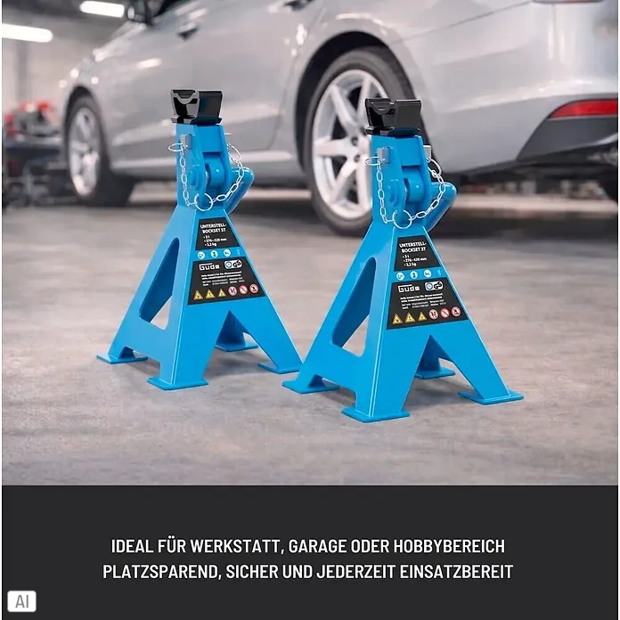Güde Unterstellbock 3T - Gesamtumfang: 2 -tlg., Blau, Stahl - Zwei blaue Auto-Unterstellböcke in einer Werkstattumgebung, bereit zur Fahrzeugunterstützung.