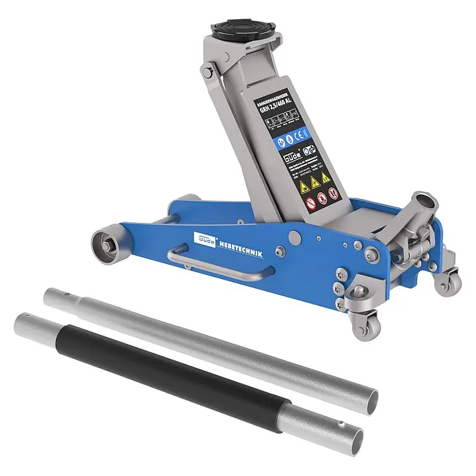 Güde Hydraulischer Rangierwagenheber GRH 2,5/460AL - Hubhöhe: 100 mm - 465 mm - Blauer und silberner Güde Aluminium-Rangierwagenheber mit abnehmbarer Stange.