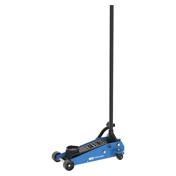 Güde Hydraulischer Rangierwagenheber GRH 3/500 Q - Hubhöhe: 145 mm - 500 mm - Blauer hydraulischer Wagenheber mit schwarzen Rädern und langem schwarzem Griff zum Anheben von Fahrzeugen.