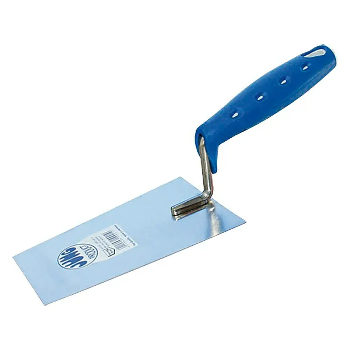 Jung Product Berner Putzkelle - 140 mm - Nahaufnahme einer rostfreien JUNG Glättkelle mit blauem Griff. Ideal für Putz- und Spachtelarbeiten mit Präzision.