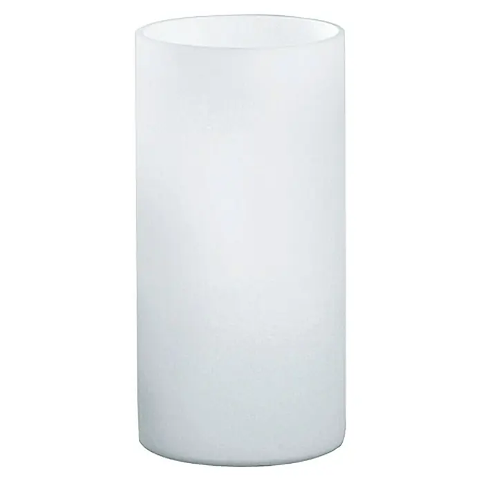 Eglo Geo Tischleuchte rund - 60 W, Ø x H: 100 mm x 20 cm, Weiß, Weiß, E14 - Nahaufnahme eines milchig-weißen Lampenschirms in Zylinderform, der ein sanftes und diffuses Licht verspricht.