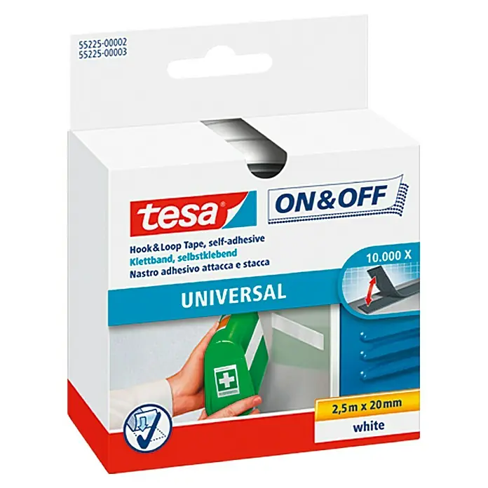 Tesa ON & OFF Klettband - Weiß, 2,5 m x 20 mm - Abbildung der Verpackung von Tesa Klettband Universal, selbstklebend, 2,5m x 20mm, in Weiß, ideal für vielseitige Befestigungen.