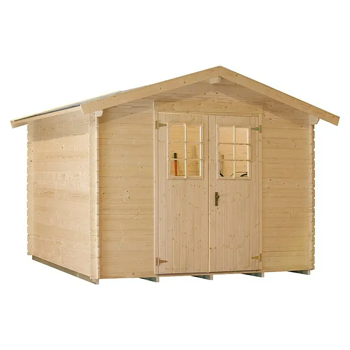 Kiehnholz Gartenhaus Kopenhagen 3 - Außenmaß inkl. Dachüberstand (B x T): 310 x 293 cm, Holz, Natur - Ein helles Holzgartenhaus mit Doppeltüren und Fenstern unter einem Giebeldach bietet zusätzlichen Stauraum im Freien und schützt Ihre Gartengeräte.