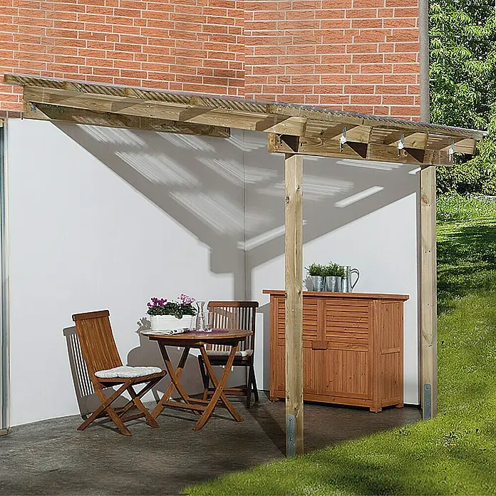 Weka Terrassenüberdachung Salsa - B x T: 300 x 250 cm, Grün, kesseldruckimprägniert, Transparent - Überdachter Sitzbereich mit Holzmöbeln und einer praktischen Aufbewahrungsbox, ideal für den Garten.
