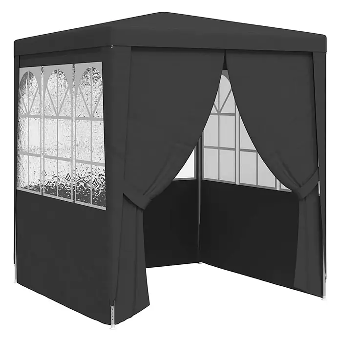 vidaXL Profi Partyzelt mit Seitenwänden 2,5×2,5m Anthrazit 90 g/m² -  - Dunkelgraues Partyzelt mit transparenten, gittergemusterten Fensterplanen und offenem Eingang mit zurückgebundenen Vorhängen.