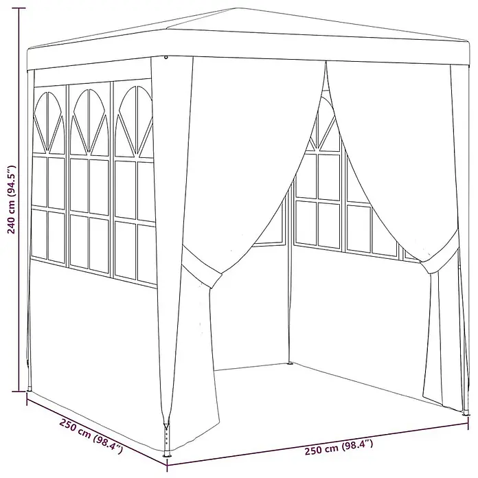 vidaXL Profi Partyzelt mit Seitenwänden 2,5×2,5m Anthrazit 90 g/m² -  - Quadratischer Gartenpavillon mit fensterartigen Paneelen und drapierten Eingängen, Maße angegeben.