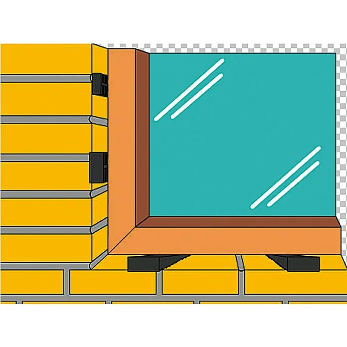 Montagekeile-Set - 10 Stk. - Illustration eines Fensters mit Holzrahmen in einer gelben Backsteinmauer, das klare Glas mit Reflexionen zeigt.