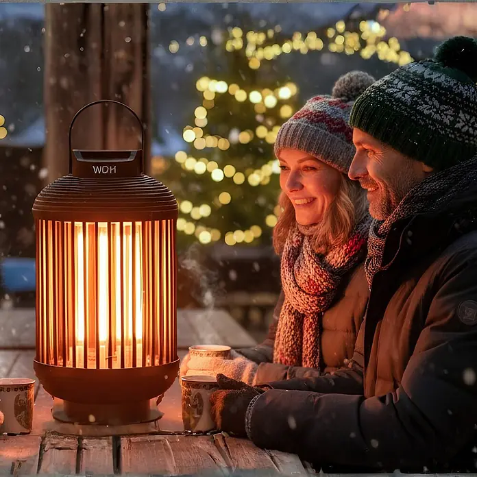 Heizlaterne WDH-12HL - 1.200 W - für Terrasse, Balkon, Garten -  - Brauner, gerippter, zylindrischer Außenheizer mit warmem Licht auf Holztisch, Paar im Schnee.