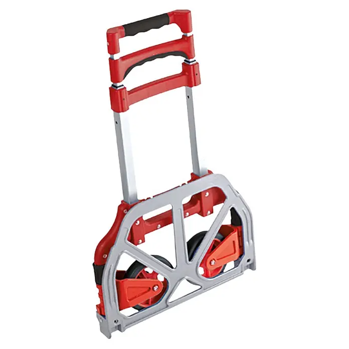 BAUHAUS Sackkarre - Aluminium, Traglast: 70 kg, Klappbar - Kompakter, zusammenklappbarer Gepäckwagen mit roten Akzenten und silberfarbenem Rahmen, ideal für den Transport von Lasten.