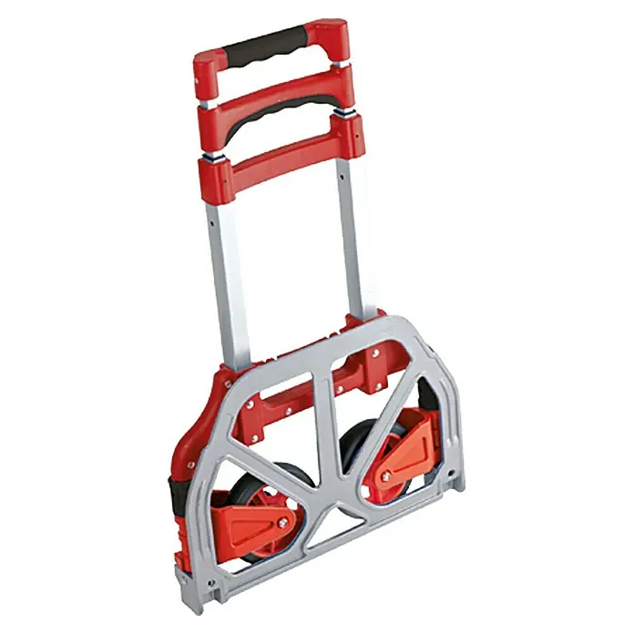 BAUHAUS Sackkarre - Aluminium, Traglast: 70 kg, Klappbar - Kompakter, zusammenklappbarer Gepäckwagen mit roten Akzenten und silberfarbenem Rahmen, ideal für den Transport von Lasten.