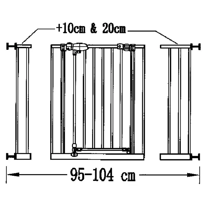 Sicherheitsgitter Premium - Höhe: 75 cm, 65 cm - 104 cm - Ansicht eines freistehenden Kinderschutzgitters mit verstellbarer Breite von 95 bis 104 cm und optionalen 10 cm oder 20 cm Verlängerungen.