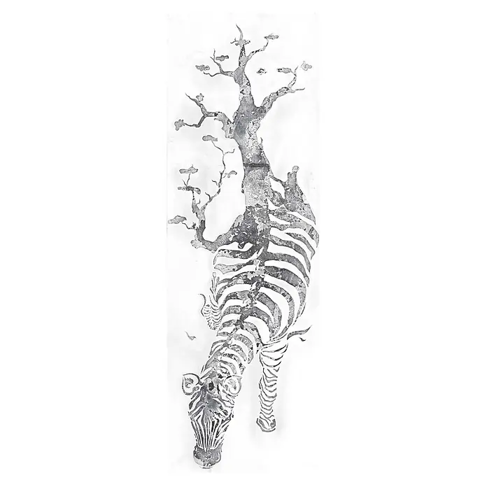 Leinwandbild - Serengeti, B x H: 50 x 150 cm - Künstlerische Graustufen-Illustration eines Zebras, das in einen Baum übergeht, mit verwitterter Textur, als ob es grast.