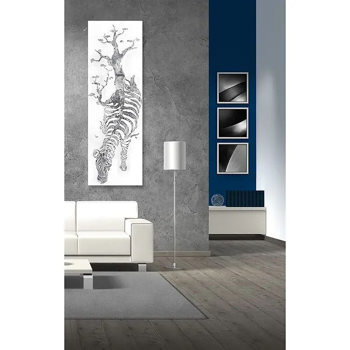 Leinwandbild - Serengeti, B x H: 50 x 150 cm - Großes vertikales Wandbild mit einem Zebra, dessen Körper in einen Baum übergeht, in Graustufen, illustrativen Stil für ein modernes Wohnzimmer.