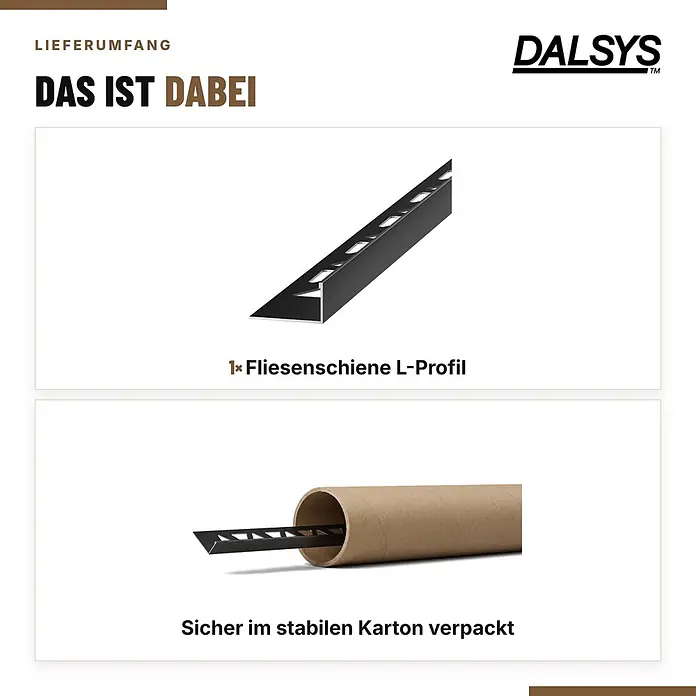 Dalsys Fliesenschiene Aluminium 2,5m x 12,5mm Winkelprofil Schwarz -  - Schwarzes L-Profil Fliesenabschlussprofil, sicher verpackt in stabiler Papprolle.