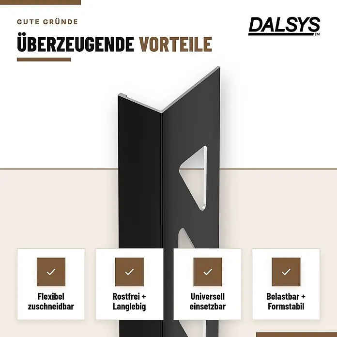 Dalsys Fliesenschiene Aluminium 2,5m x 12,5mm Winkelprofil Schwarz -  - Schwarzes DALSYS Metallwinkelprofil mit geometrischen Aussparungen, betont Langlebigkeit und Vielseitigkeit.