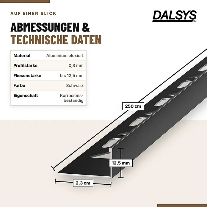 Dalsys Fliesenschiene Aluminium 2,5m x 12,5mm Winkelprofil Schwarz -  - Schwarz eloxiertes Aluminium Fliesenprofil, 250 cm lang, für 12,5 mm Fliesen, korrosionsbeständig.