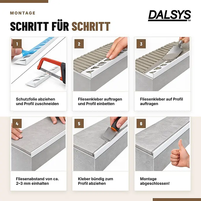 Dalsys Fliesenschiene Aluminium 2m x 10mm Winkelprofil Schwarz -  - DALSYS weißes Fliesenprofil, Montageanleitung mit Schritten zum Zuschneiden, Kleberauftrag und Fliesenverlegung.