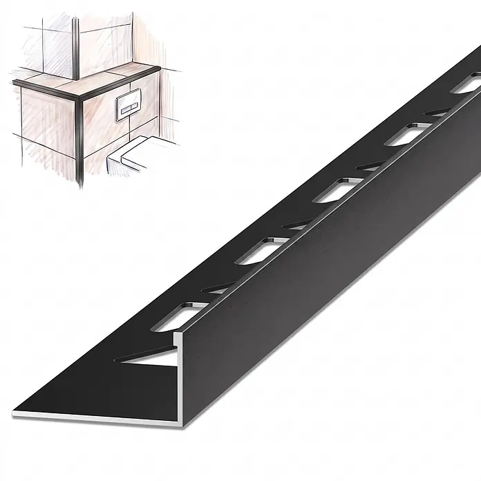 Dalsys Fliesenschiene Aluminium 2,5m x 12,5mm Winkelprofil Schwarz -  - Schwarze L-förmige Fliesenschiene mit Lochung, in der Anwendung an Badfliesenkanten dargestellt.