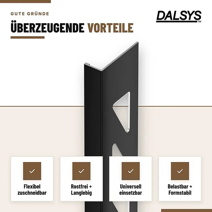 Dalsys Fliesenschiene Aluminium 2m x 8mm Winkelprofil Schwarz -  - Schwarzes L-Profil aus Metall mit Aussparungen, beworben für Flexibilität, Langlebigkeit und universelle Anwendung.