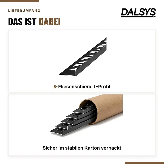 Dalsys Fliesenschiene Aluminium 5x 2,5m x 12,5mm Winkelprofil Schwarz -  - Fünf schwarze L-Profil Fliesenschienen, einzeln gezeigt und in einem stabilen Karton verpackt.