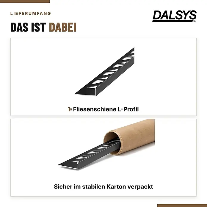 Dalsys Fliesenschiene Aluminium 2m x 8mm Winkelprofil Schwarz -  - Schwarze L-Profil Fliesenschiene, einzeln und sicher verpackt in einem stabilen Kartonrohr dargestellt.