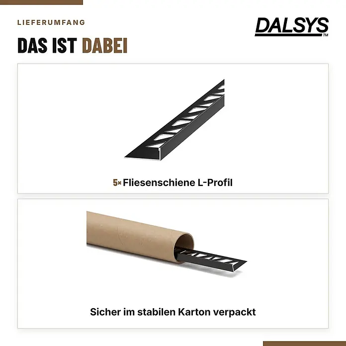 Dalsys Fliesenschiene Aluminium 5x 2,5m x 8mm Winkelprofil Schwarz -  - Fünf schwarze L-Profil-Fliesenschienen, sicher verpackt in einem stabilen Karton.