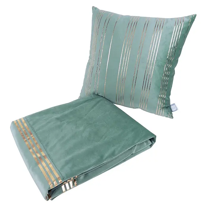 Dekokissen & Decken-Set Prisma - 2 -tlg., Mint/Gold - Mintgrünes Samtkissen und gefaltete Decke mit Goldstreifen, ideal für gemütliche Wohnkultur.