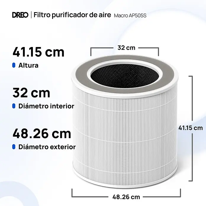 Filtro HEPA DREO AP605S - Específico para: Purificador HAP005S - Filtro purificador de aire blanco plisado con borde gris, mostrando altura (41,15 cm), diámetro interior (32 cm) y exterior (48,26 cm).