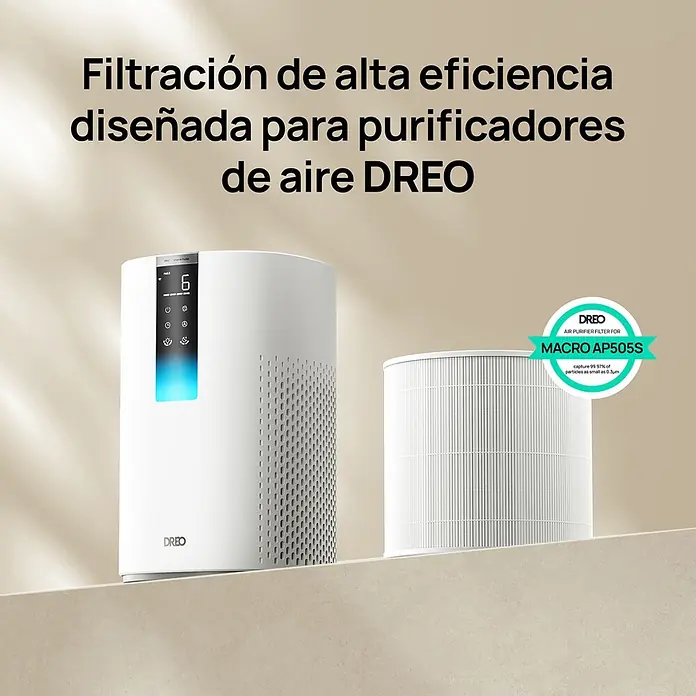 Filtro HEPA DREO AP605S - Específico para: Purificador HAP005S - Purificador de aire DREO blanco con pantalla y un filtro plisado, destacando la filtración de alta eficiencia.